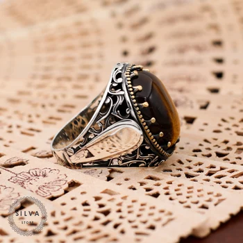 Agat Aqeeq Ochi de Tigru(argint 925 inel barbati. Bărbați bijuterii marcate cu timbru de argint 925 Toate dimensiunile sunt disponibile