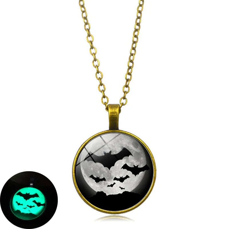 XUSHUI XJ Petrecere de Halloween Stralucitoare Bijuterii Bat Pandantiv de Sticlă Neckalce strălucire în întuneric Negru Lung Lanț Neckalces pentru Femei Cadouri Imagine 3
