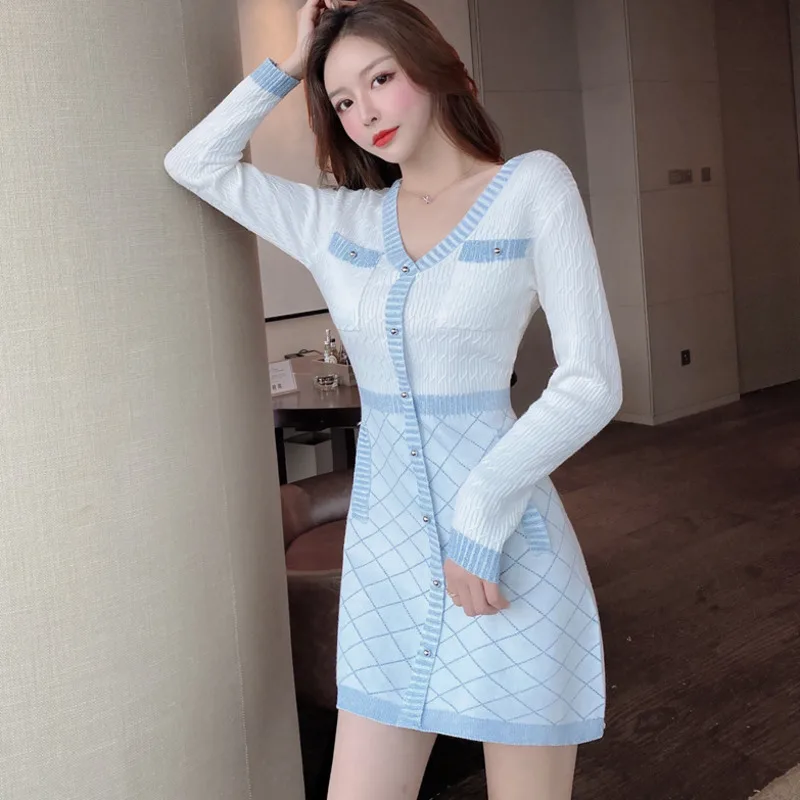 Coreeană De Moda Casual Pulover Tricotate Rochie 2021 Nou De Toamna Elegante, Chic Cu Maneca Lunga Bodycon Rochii Mini Vestidos Halat De Femme Imagine 2