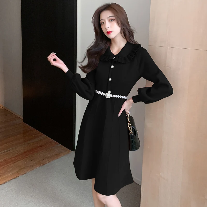 Toamna Coreean Maneca Lunga Zburli Tricotate Se Îmbracă Femeile Slim Talie Mare Elegant Rochie De Epocă Vestidos Imagine 3