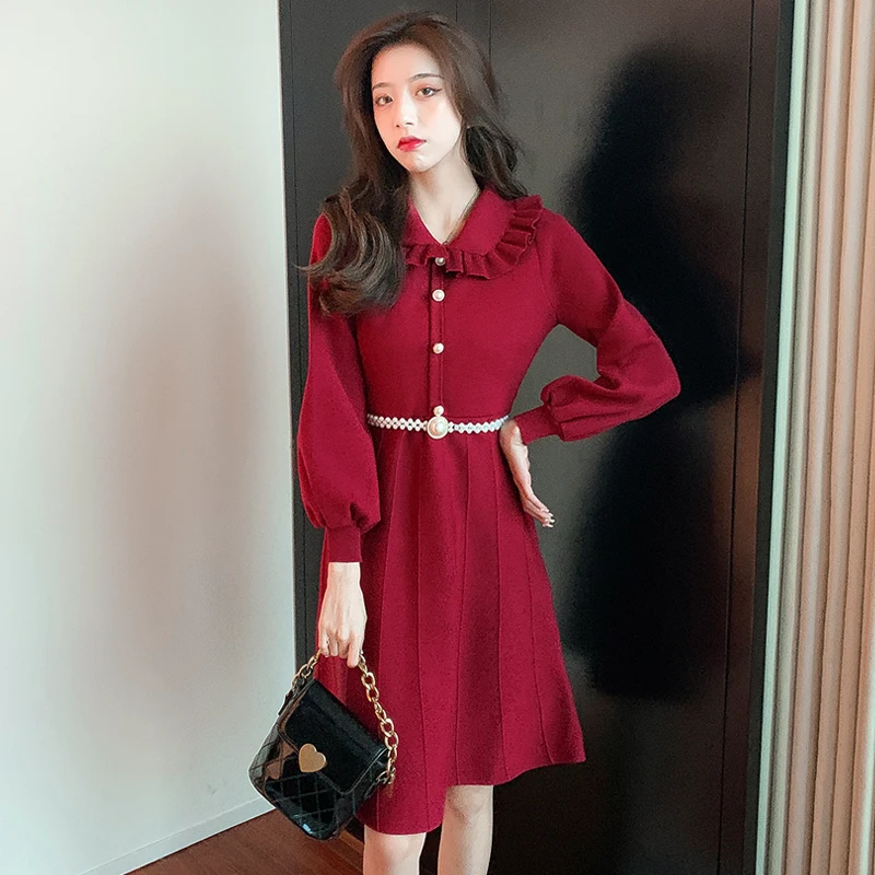Toamna Coreean Maneca Lunga Zburli Tricotate Se Îmbracă Femeile Slim Talie Mare Elegant Rochie De Epocă Vestidos Imagine 4