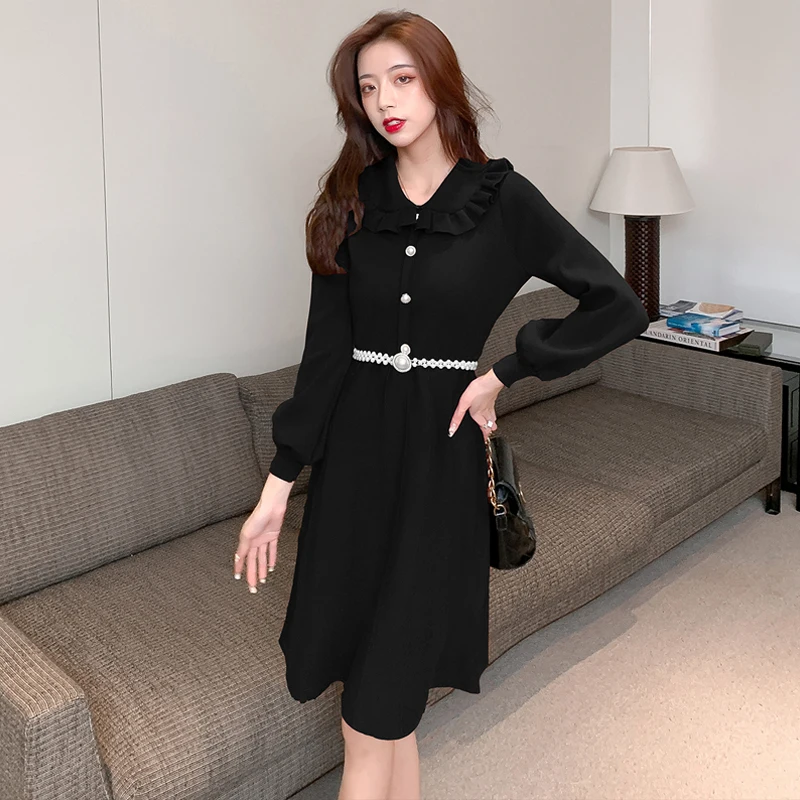 Toamna Coreean Maneca Lunga Zburli Tricotate Se Îmbracă Femeile Slim Talie Mare Elegant Rochie De Epocă Vestidos Imagine 5