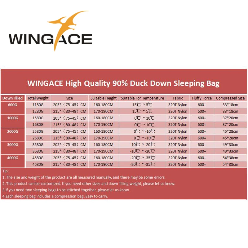 WINGACE Nylon 320T în aer liber Camping Umple 600G 1000G Rață Jos Sac de Dormit Ultralight Adult Sac de Dormit Mumie Poate Fi Îmbinat Imagine 5