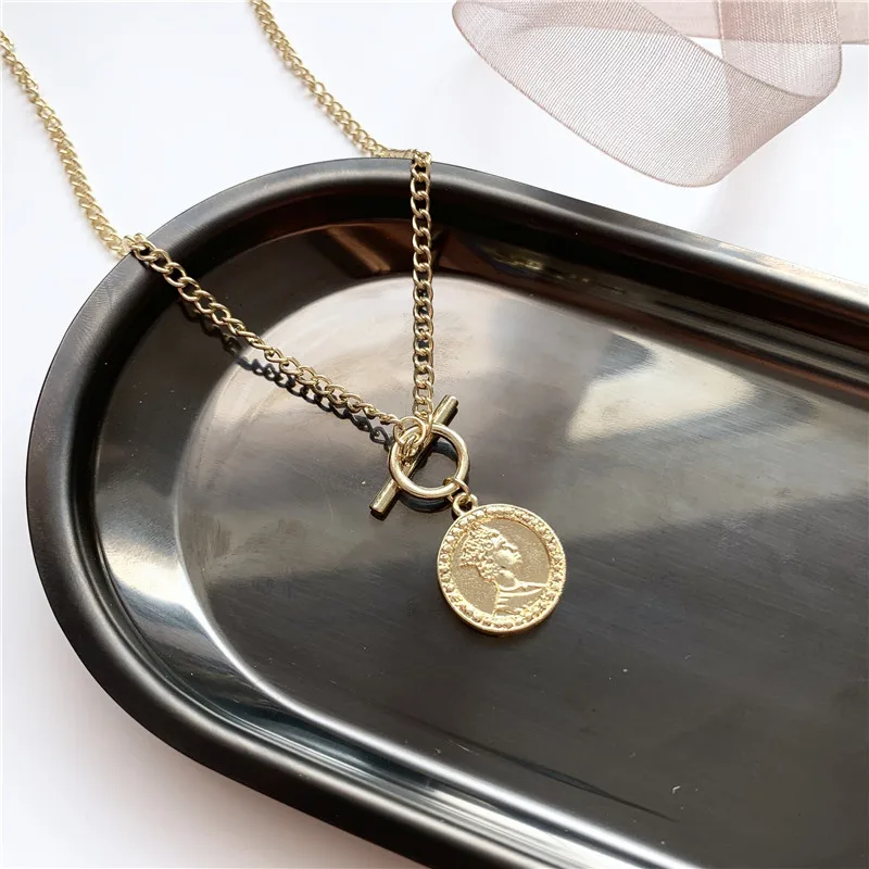 Moda Rotund Charm Pandantiv Coliere Pentru Femei Cadou Vintage Monede De Aur De Culoare Lanț Colier Declarație De Bijuterii En-Gros Imagine 2
