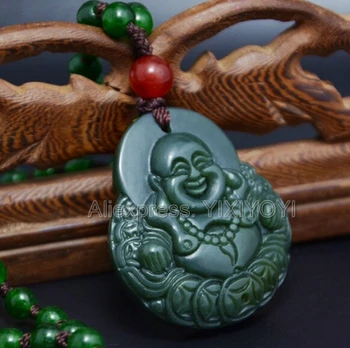 Frumoasa Verde Natural HeTian Jad Sculptat Moneda Chineză Buddha Amuleta Norocoasă Pandantiv + Liber Colier Certificat De Bijuterii Fine