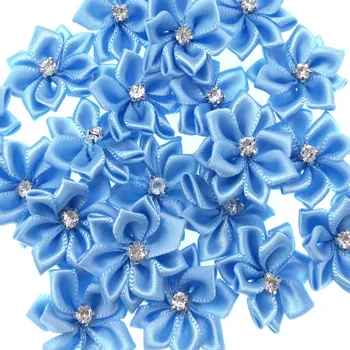 40Pcs Albastru Mici Flori din Satin Tesatura Stras Flori Aplicatii de Cusut de Nunta de Decorare de Îmbrăcăminte 2.8 cm