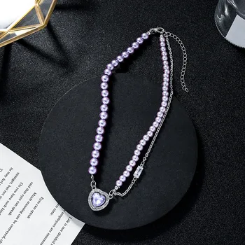 2021 Dulce Drăguț Violet Dragoste Inima de Cristal Pandantiv Colier pentru Femei Elegante Simulate Perla Lanț de Bijuterii Accesorii Cadou