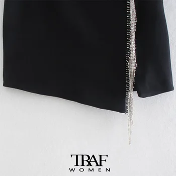 TRAF Za Femei de Moda Cu Bejewelled Detaliu Franjuri Fusta Mini de Epocă Talie Înaltă, cu Fermoar Lateral Fusta de sex Feminin Mujer