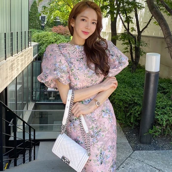 Elegant Lantern Maneca Imprimare Rochii Pentru Femei De Vară Stil Coreean Slim Fit Nou Mult Femeie Rochie De Dantelă Emboridery Vestidos