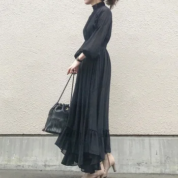 Moda Coreeană 2021 Nou Designer De Rochie Plisata Femei Negru Elegant Zburli Maneca Lunga Talie Mare Doamnelor Lung Maxi Rochii De Toamna