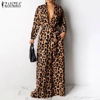 ZANZEA Elegant Leopard Imprimate Rochie de Moda pentru Femei Etaj Vestidos Toamna Petrecere de Vacanță Robe Longue Boem Tricou Casual Rochii