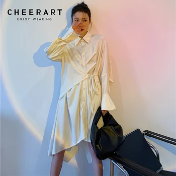 CHEERART Designer Maneci Lungi Buton-Up Bluza Rochie de Toamna 2021 Moda pentru Femei Dantelă Albă Guler Asimetric Rochie de Îmbrăcăminte