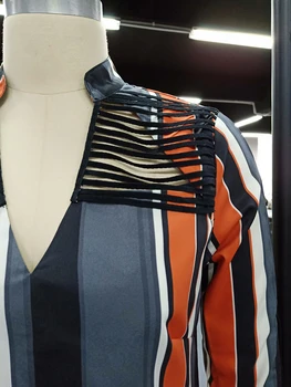 Vara Scurtă Asimetrică V-Neck Rochii Casual Doamnelor Stil De Birou De Lucru Elegant Cu Dungi Ciucuri Introduce Cravata Camasa Cu Maneci Rochie