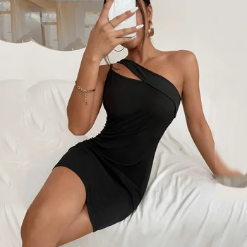 Shimai Sexy Pe Un Umăr Negru Rochie Bodycon Mini Femeile 2021 Vară Asimetric Curea De Spaghete Backless Club Rochii De Sex Feminin