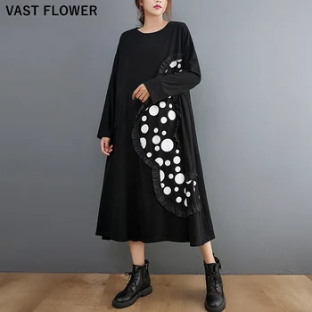 Bumbac Negru Vintage Cu Buline Rochii Pentru Femei De Moda Cu Maneci Lungi Largi Casual Rochie Lunga Eleganta De Primavara Haine Toamna Anului 2021
