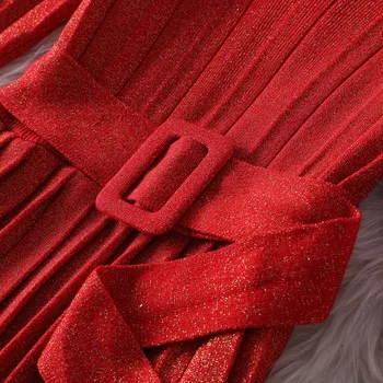 Europa Noua Moda Rochie De Toamna Iarna Haine Pentru Femei 2019 Elegant Cu Maneca Lunga V Gâtului Mijlocul Lunii Vițel Cutat De Tricotat Pulover, Rochii