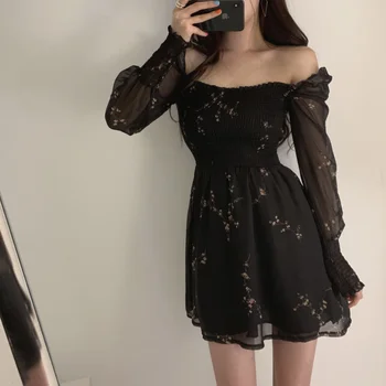 2021 Toamna Sexy Negru Rochie Mini Femei Flori Vintage Maneca Lunga Puf Șifon Rochii De Moda Coreeană Petrecere Vestidos Mujer