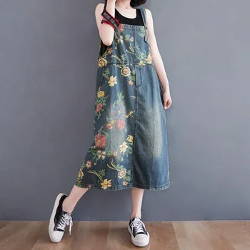 Denim Casual Femei Maxi Rochie Lunga Harajuku Vintage Florale Imprimate Curea Rochii Boeme Vestidos Denim Sundress
