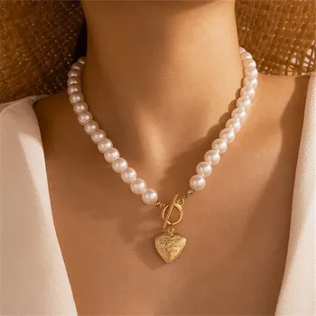 Nunta Vintage Perla Cravată Colier Pentru Femei De Moda Geometrice Inima Monedă De Blocare Pandantiv Coliere Bijuterii Farmec Cadou De Crăciun