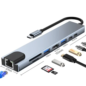 8 în 1 USB C Docking Station USB 3.0 Hub Pentru Laptop Adaptor PD Charge Dock Station RJ45 HDMI TF/SD Card Caiet Tip C Splitter