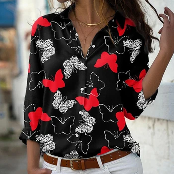 Noua Primavara-Vara Casual cu Maneca Lunga V Gât Topuri Doamnelor Butoane Bluze Largi 2022 Femei de Moda Fluture de Imprimare Bluza Tricou