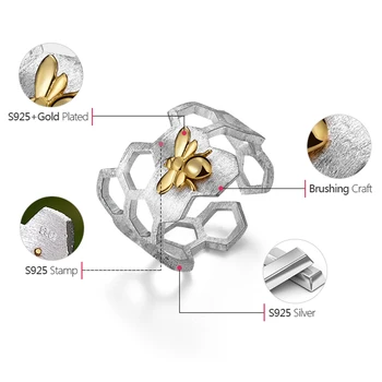 Lotus Distractiv Real Argint 925 cu Aur de 18K Inele de Albine Naturală de Designer de Bijuterii Fine Garda Fagure de miere Deschide Inel pentru Femei