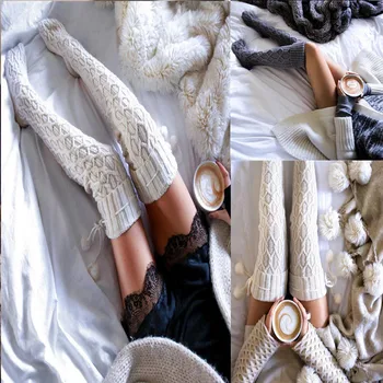 Toamna Iarna Cald Tricotate Groase De Ciorapi Pentru Femei Ciucure De Culoare Pură Libertate De Cauzalitate Ciorapi Genunchi Lungime Ciorapi 3 Culori En-Gros