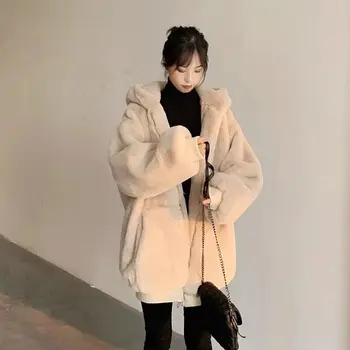 Noi coreean Iepure Faux Blana de lungime medie, Gros cu Gluga de Blana de Miel de Pluș Fleece Femei Ține de Cald Hanorac pentru Femei Jachete de Iarnă 2021